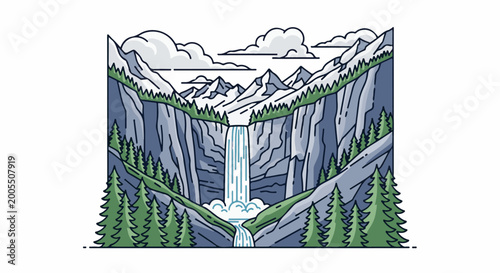 Majestic waterfall cascades down steep, rocky cliffs amidst pine trees and clouds
