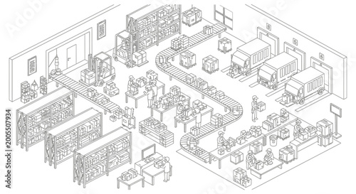 Isometric line art of a busy warehouse logistics center with workers and equipment.