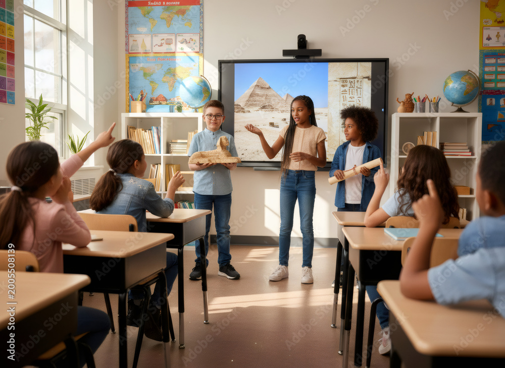 Obraz premium Students presenting report about ancient Egypt in classroom. Girl and boy showing sphinx model and papyrus roll before classmates. Education, history lesson and school learning project.