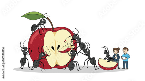 Fotografía Clever cartoon illustration depicting a bustling colony of ants diligently devouring a large apple, with two tiny people observing the impressive teamwork and natural phenomena