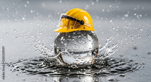Yellow construction helmet on a crystal ball in water splash