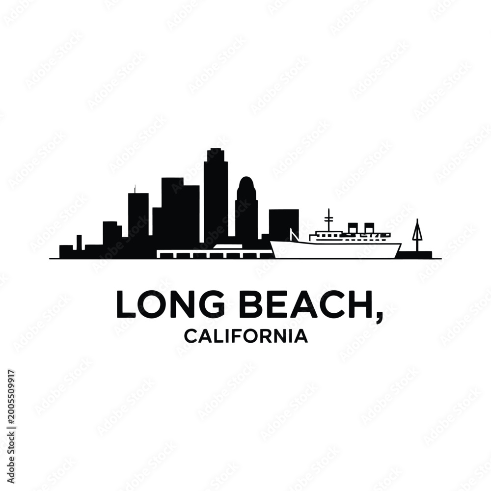 Fototapeta premium long beach california skyline silhouette with ship on white background