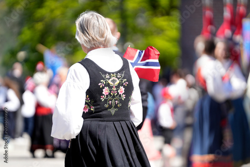Norwegian Woman Black Bunad Floral Embroidery Back View Flag — May 17 Constitution Day Traditional Costume Norwegian Culture Kongsberg