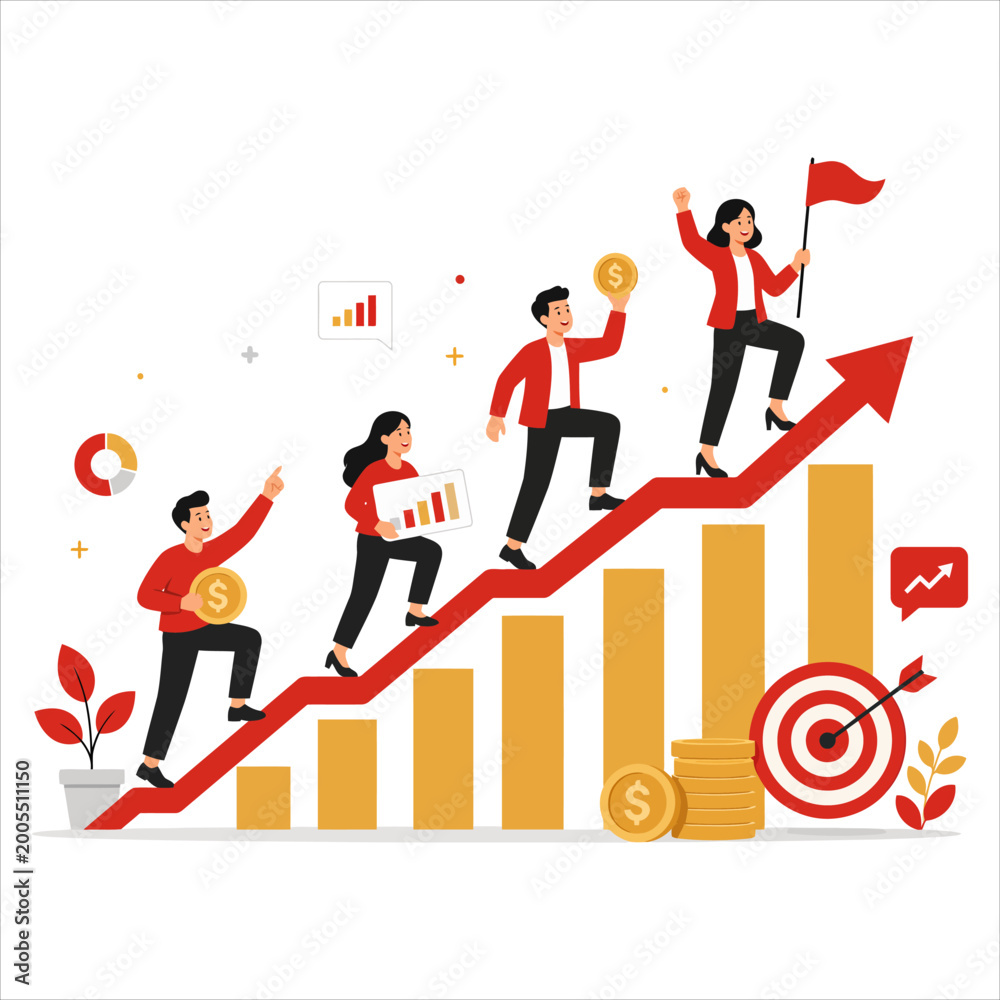Obraz premium Diverse business team climbing a rising red arrow and bar chart representing financial growth, career success, and hitting corporate goals in a clean flat vector illustration style for marketing 