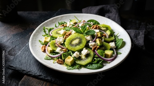 Fresh kiwi and avocado salad with feta cheese and walnuts on a white plate