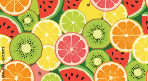 Tableau sur toile Seamless pattern of assorted sliced fruits.
