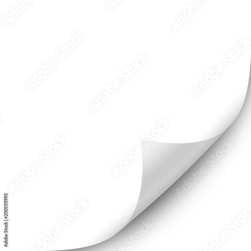 Curled corner of a paper document page with shadow, folded corner paper sheet - isolated design element Off-white rectangular sheet of paper with a single, gently curved corner lifted, casting.