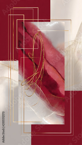 Elegant Abstract Red and Gold Geometric Wall Art Illustration