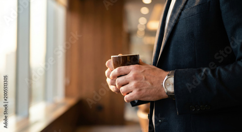 Close up of a man in a suit holding a coffee cup with soft window light