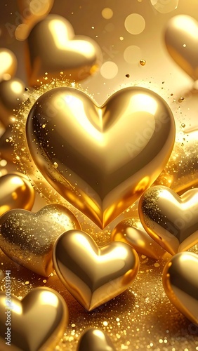 Gleaming golden hearts shimmer with opulent glitter and light
