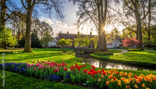 A serene park scene with vibrant tulips and trees