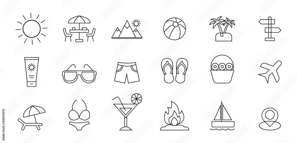 Fototapeta premium Summer vacation outline icon set with editable stroke in thin line. Travel tourism line icon set featuring vacation, holiday, trip, world, flight, hotel, suitcase, and destination. Editable stroke. 