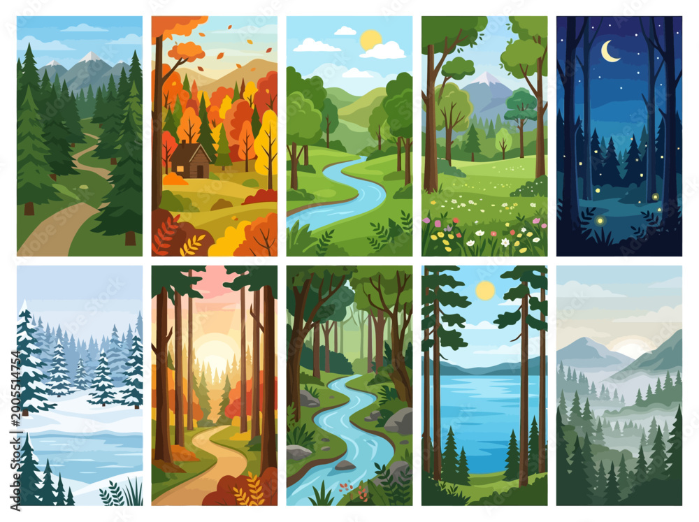 Fototapeta premium Beautiful Forest Landscape Collection Vector, Natural Scenery in Different Seasons and Times of Day