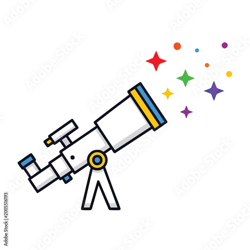 Cartoon telescope vector icon observing colorful stars in space.