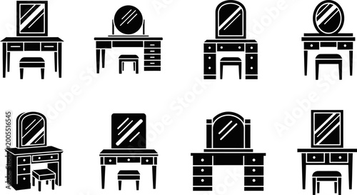 Eight black silhouette dressing table vanity icons set on white background eps.