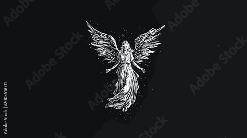 Fotografie Monochrome Statue of a Grieving Angel with Wings Kneeling in Sorrowful Contempla