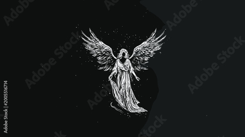Fotografie Monochrome Statue of a Grieving Angel with Wings Kneeling in Sorrowful Contempla