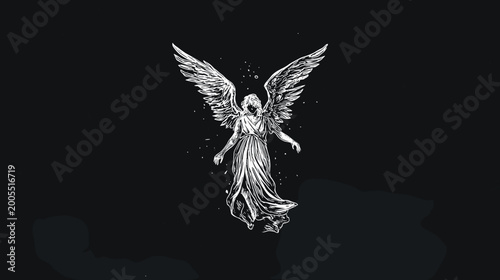 Obraz na plátně Monochrome Statue of a Grieving Angel with Wings Kneeling in Sorrowful Contempla