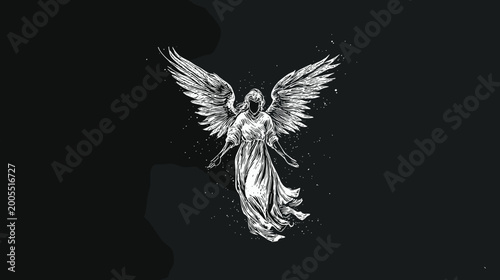 Obraz na płótnie Monochrome Statue of a Grieving Angel with Wings Kneeling in Sorrowful Contempla