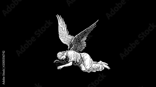 Foto Monochrome Statue of a Grieving Angel with Wings Kneeling in Sorrowful Contempla