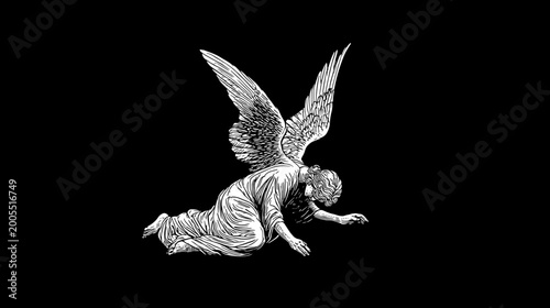 Fotografie Monochrome Statue of a Grieving Angel with Wings Kneeling in Sorrowful Contempla
