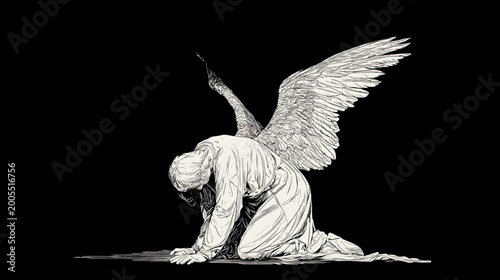 Photography Monochrome Statue of a Grieving Angel with Wings Kneeling in Sorrowful Contempla