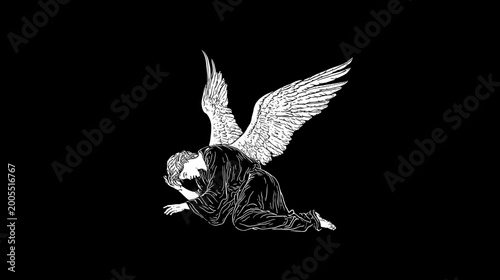 Canvas Print Monochrome Statue of a Grieving Angel with Wings Kneeling in Sorrowful Contempla