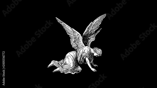 Photography Monochrome Statue of a Grieving Angel with Wings Kneeling in Sorrowful Contempla