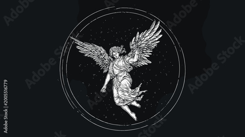 Fotografi Monochrome Statue of a Grieving Angel with Wings Kneeling in Sorrowful Contempla