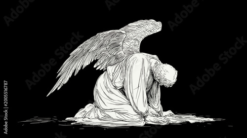 Tableau sur toile Monochrome Statue of a Grieving Angel with Wings Kneeling in Sorrowful Contempla