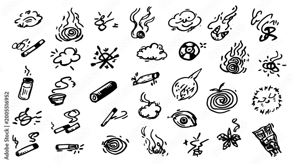 Fototapeta premium Stylized Collection of Black and White Steam Illustrations Emerging from Various Cups