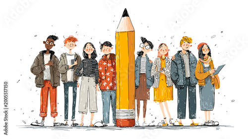 Картината върху платно Group of Diverse People Standing Together with a Large Pencil in Colorful Illust