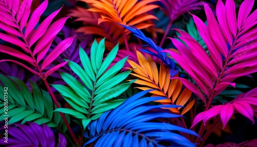 Neon Tropical Foliage Scene with Vibrant Palm Leaves