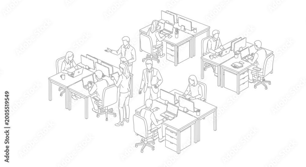 Obraz premium Office workers collaborate and use computers in a modern workspace.