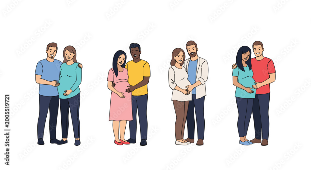 Obraz premium Four happy and diverse pregnant couples standing together while smiling and holding their bellies on a white background.