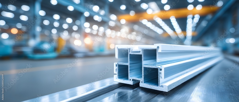 Fototapeta premium Industrial aluminum profile extrusion close up in modern factory workshop environment with bokeh lights.