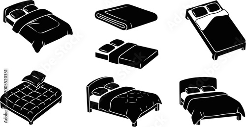Bed and bedroom furniture icon set for hotel accommodation and home interior services eps.