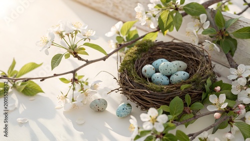Bird Nest with Blue Speckled Eggs and Spring