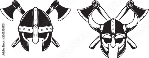 Photography Viking warrior helmets with crossed battle axes collection traditional nordic combat symbols