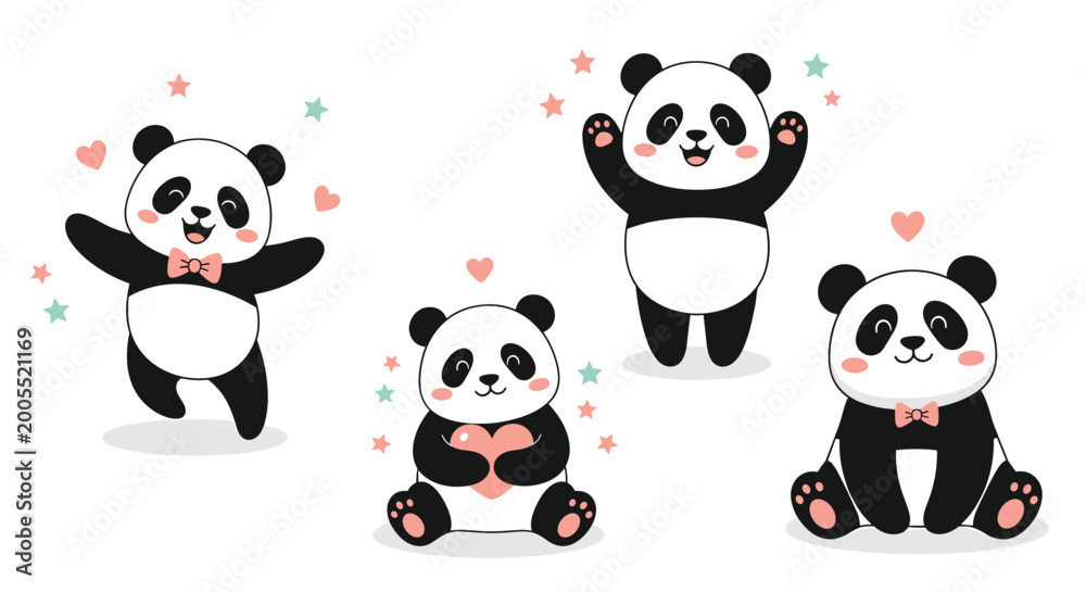 Fototapeta premium Collection of four happy cartoon panda bears in different poses with hearts and stars for stickers and greeting cards.