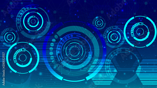 Abstract blue technological background. Structure square pattern with cogwheels and plexus effect