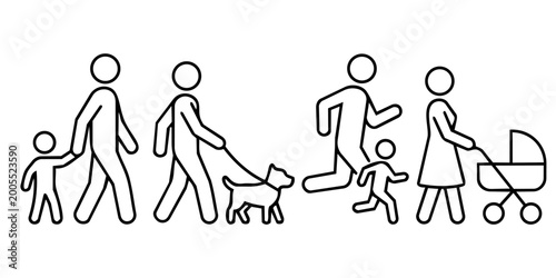 Minimalist black and white line art stick figures depicting family and daily activities: adult walking with child, walking a dog, running, and pushing a baby stroller.