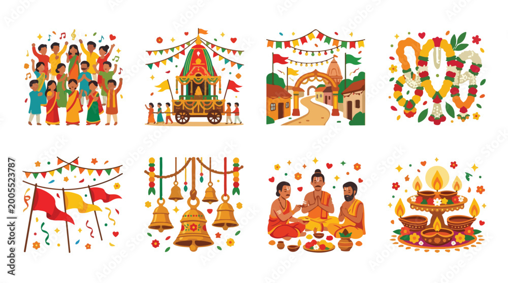 Fototapeta premium Collection of Hindu festival symbols including a temple chariot and various ritual decorations.