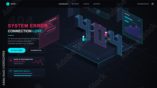 Fotografía Dark futuristic 404 system error landing page with connection lost alert, isomet