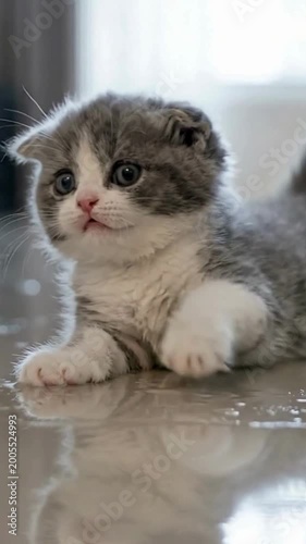 Cute kitten play on white floor