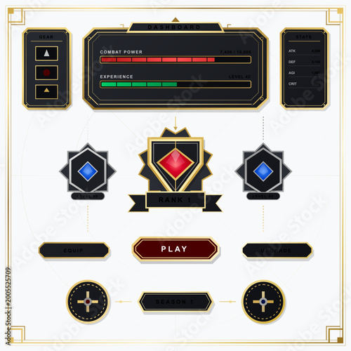 Fotografie Fantasy game dashboard interface with black and gold panels, rank emblem, combat