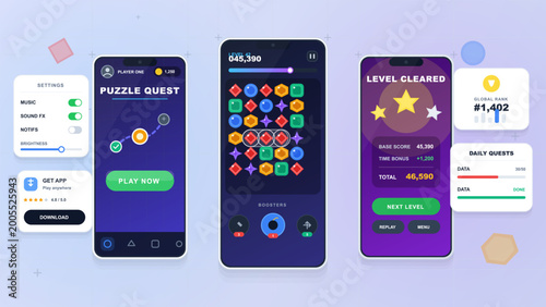 Cuadro en lienzo Mobile puzzle game interface set with match tiles, play screen, level cleared re