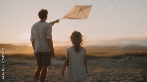 Father and daughter walking on a sandy beach at sunset. the father is holding a kite in his hand and the daughter is walking ahead of him.