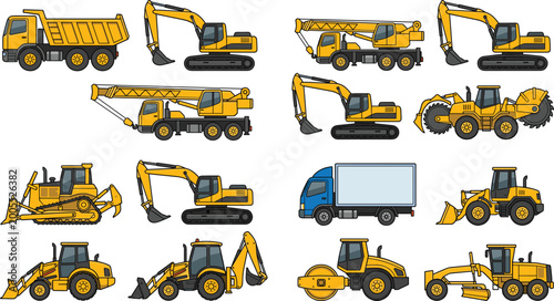 Konstfotografi Set of construction vehicles icons including excavator dump truck crane bulldoze