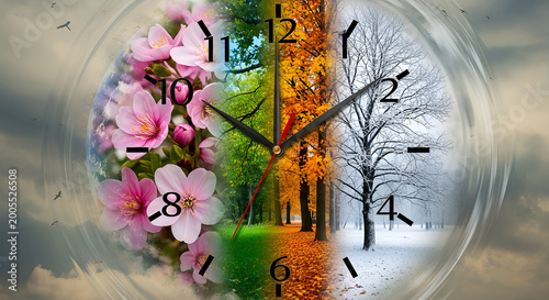 A conceptual clock face meticulously illustrating the cyclical journey of time through the distinct beauty of all four seasons vibrant spring, lush summer, golden autumn, and serene winter